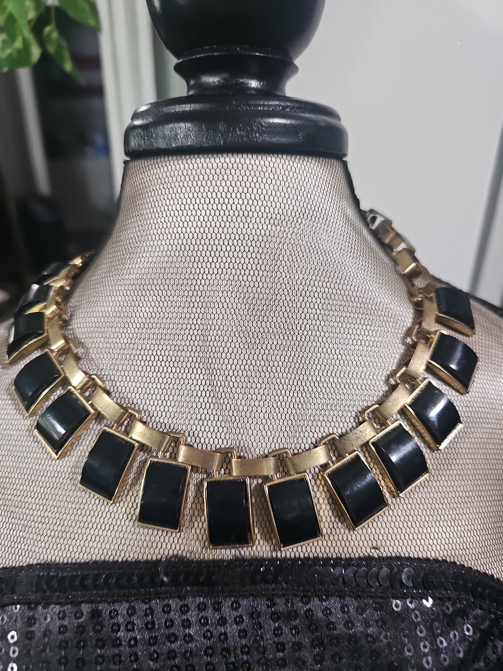 Gold and Black Statement Necklace - Women's Fashion Jewelry 18 inches & extender